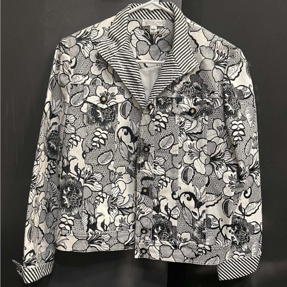 St John Sport Black White Floral Stripe Denim Style Jacket Size Large